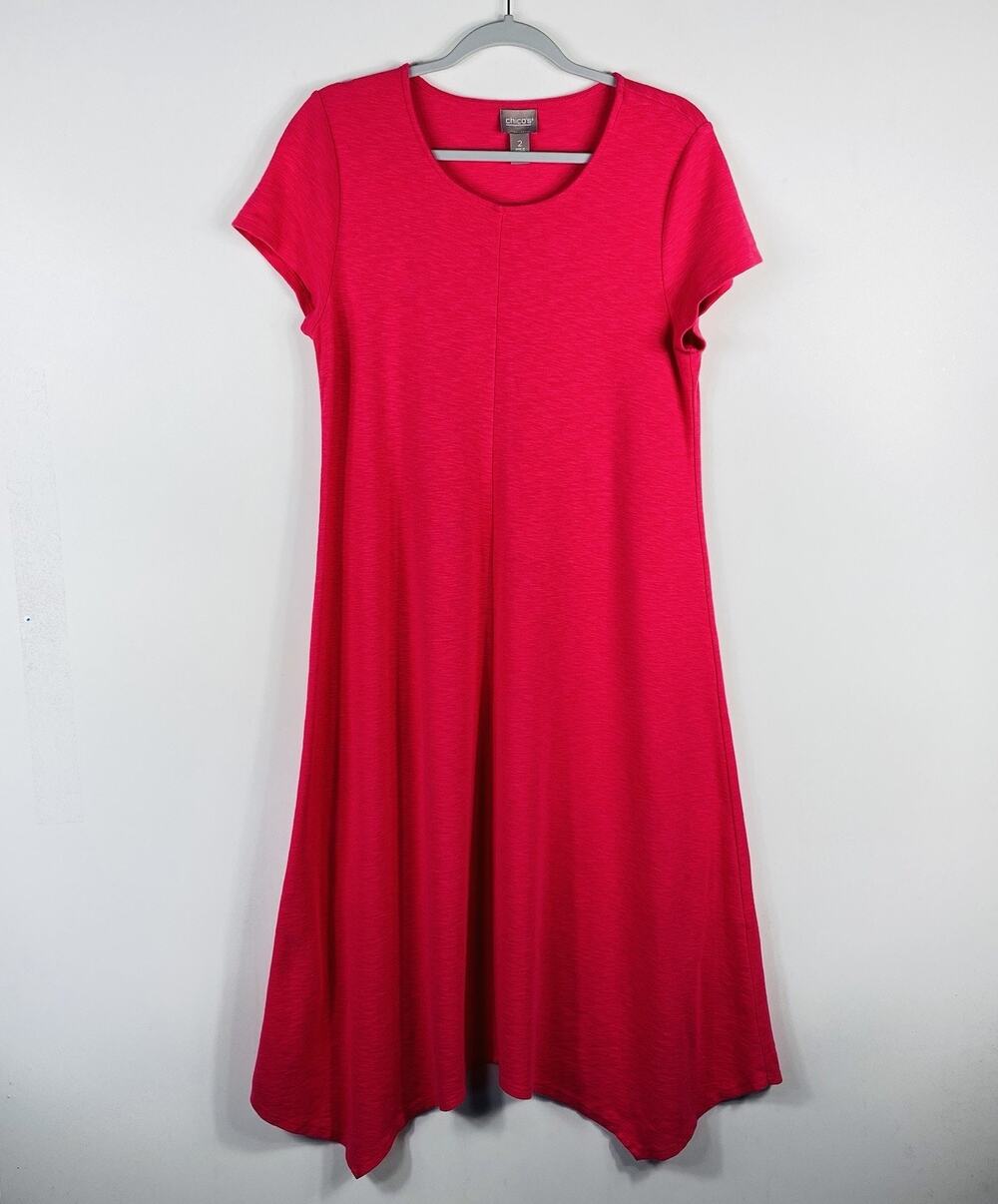 Chico's Midi Dress Large 2 12 Pink Short Sleeve Slub Knit Cotton Modal